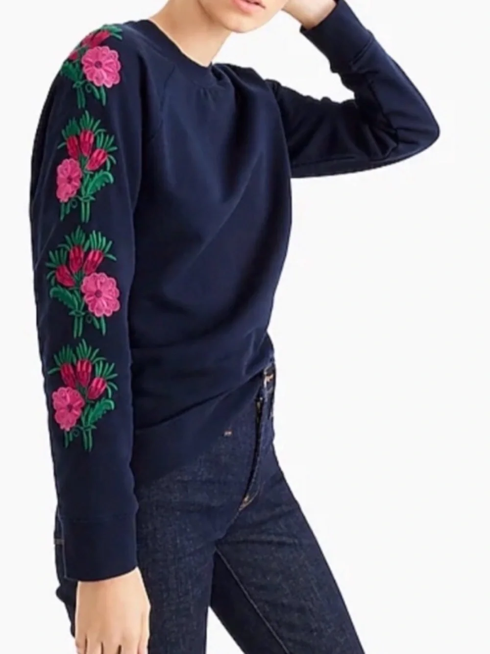 J. Crew Navy Crewneck Sweatshirt with Pink Embroidered Flowers Small